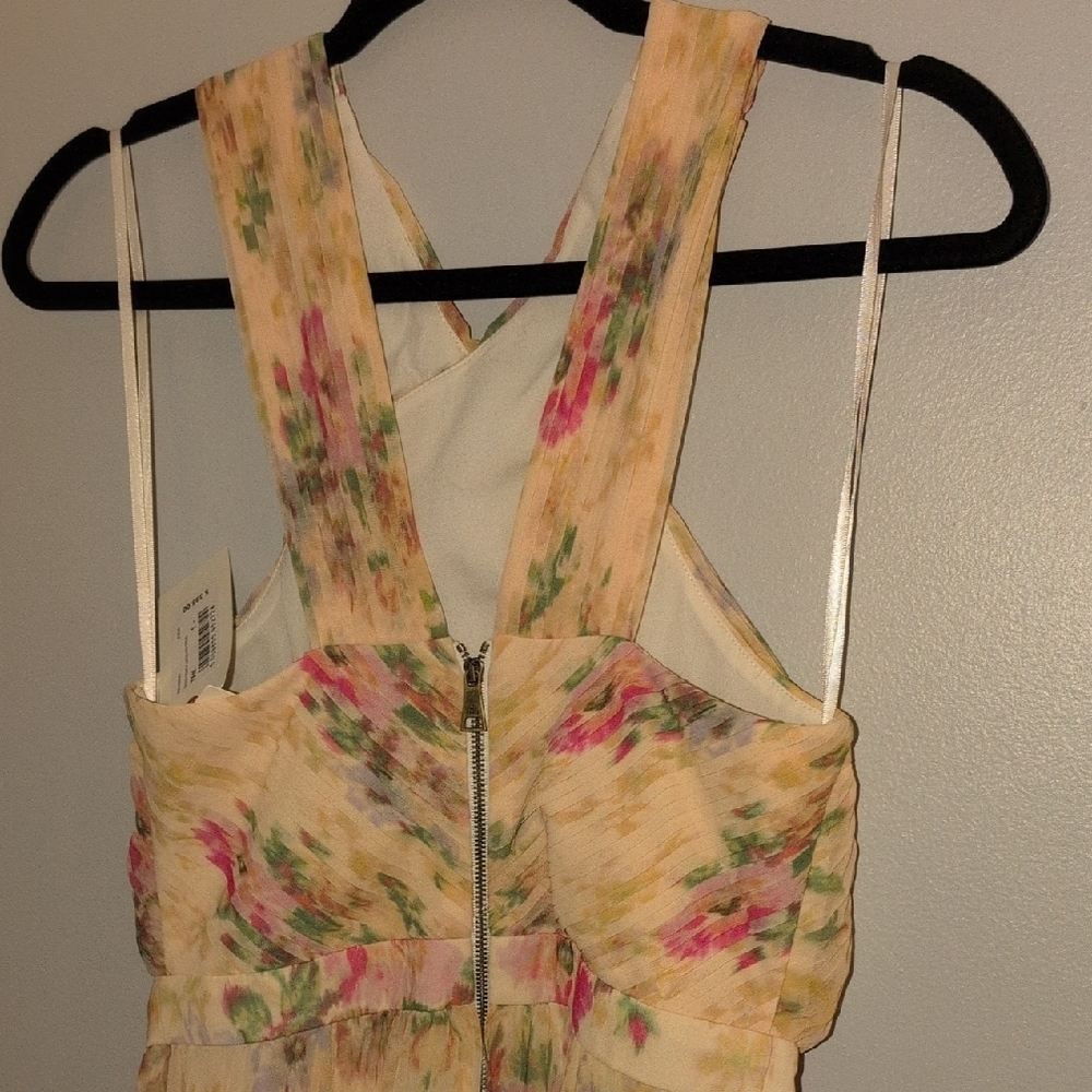 Wander Cream Floral Pleated Midi Dress with Pink and Green Accents - Picture 3 of 7
